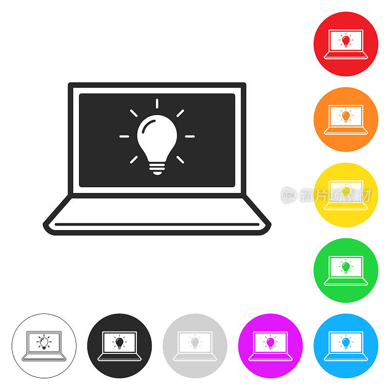 带灯泡的笔记本电脑。彩色按钮上的图标
