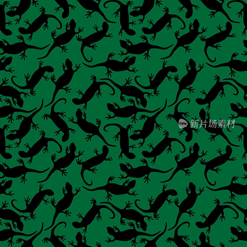 无缝图案蜥蜴爬行动物壁虎剪影矢量。简单的剪影图案孤立在绿色背景。模板的衣服，墙纸，背景和织物。