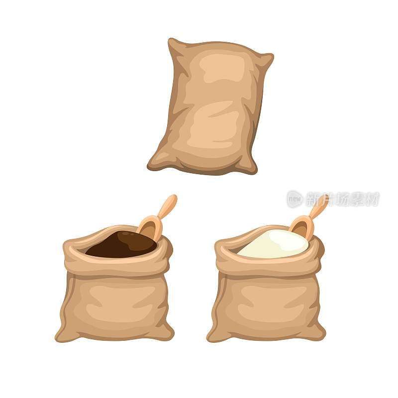 袋装米、面、盐或咖啡食材符号集卡通插图向量