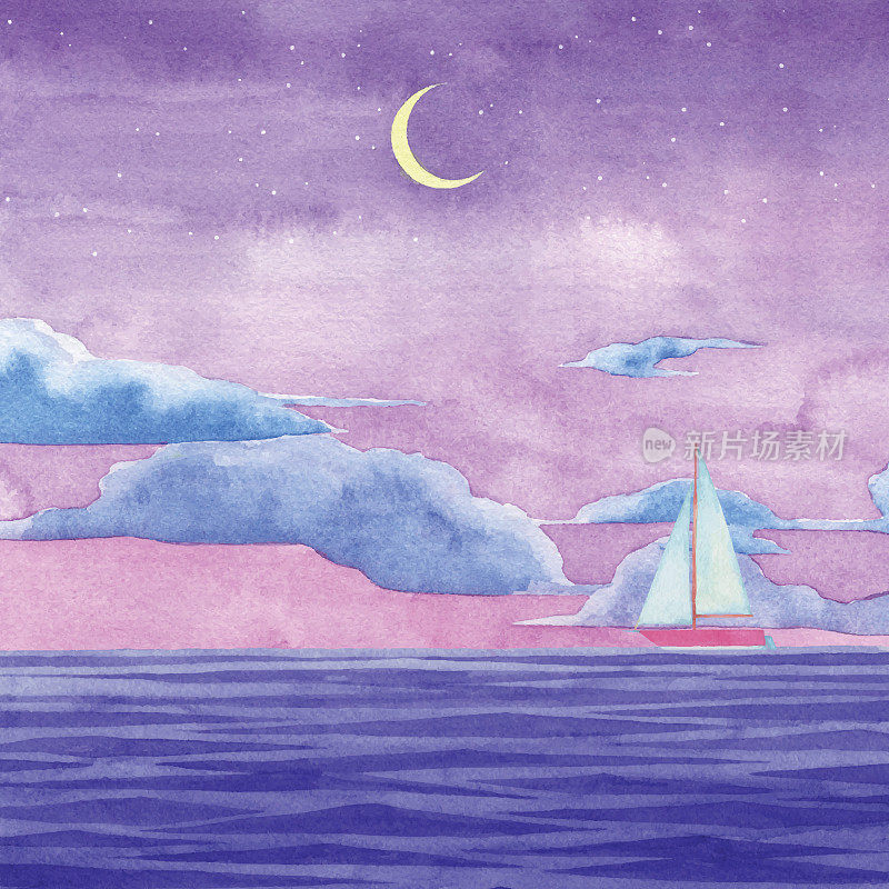 夜海和船的水彩插图