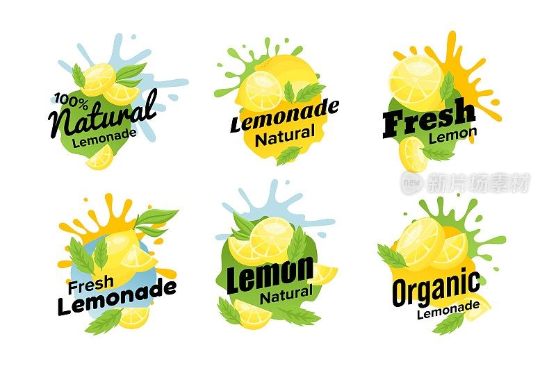 新鲜柠檬天然柠檬水与水溅贴纸徽章设置等距矢量插图