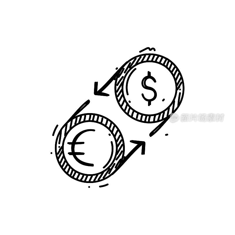改变货币线图标，草图设计，像素完美，可编辑笔画。采购产品货币兑换，货币，硬币，美元，欧元符号。