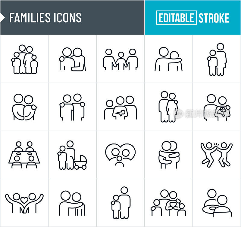 家庭细线图标-可编辑笔画-图标包括家庭，家庭，夫妇，父亲，母亲，丈夫，妻子，爱，兄弟姐妹，家庭关系，关系，孩子，已婚夫妇，单亲，儿子，女儿