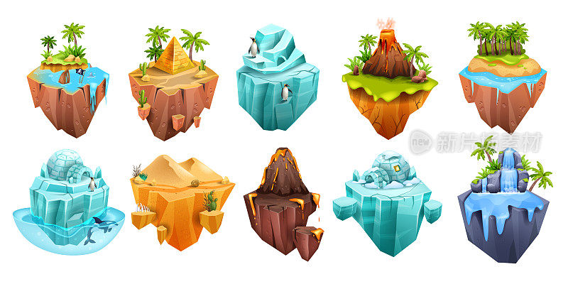 游戏岛，冰山，火山，沙漠埃及金字塔，矢量等距3D漂浮陆地，丛林棕榈。