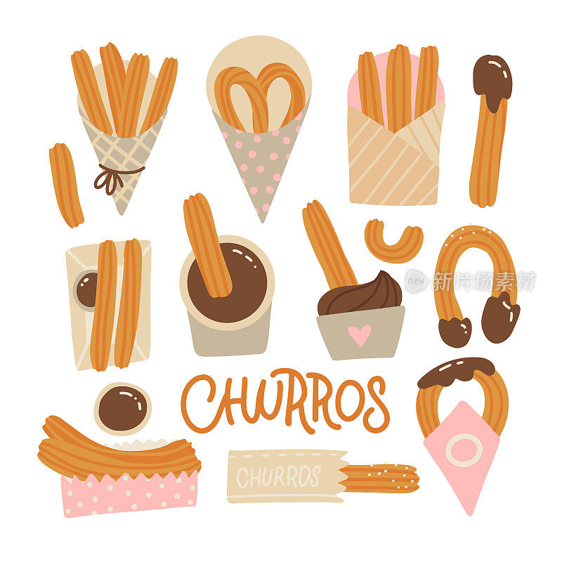 油条套装。墨西哥巧克力甜点。不同包装的油条食品。平面手绘矢量插图。