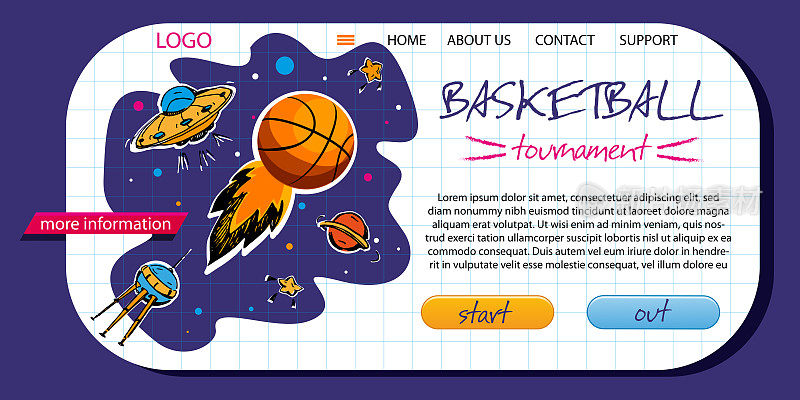 团队竞争理念，运动和胜利在一种扁平化的风格。外太空的篮球手绘和彩色背景上的文字空间。创意图形网页模板，网页横幅或应用程序网页。图形矢量插图在EPS