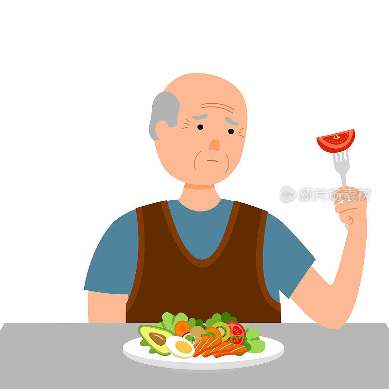高级男子感觉不饿概念矢量插图在白色背景。老人吃不下饭。没有胃口。