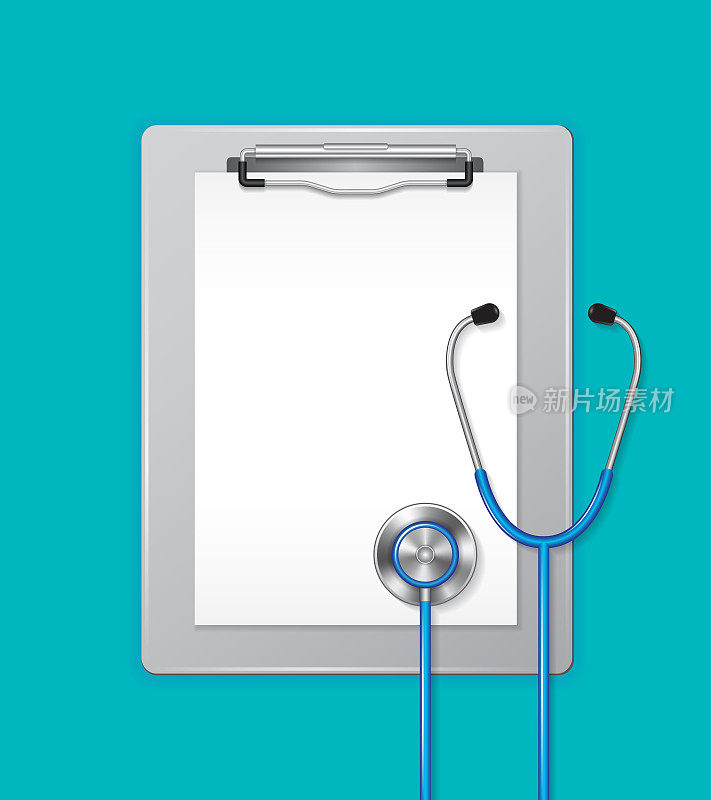 医学剪贴板和纸与听诊器在医学，医疗，卫生，交叉，卫生保健准备帮助在一个蓝色背景上的医院概念矢量说明