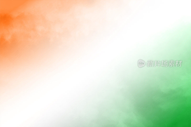 横向背景的三色对角线带，在明亮的模糊橙色或藏红花，白色和绿色的颜色在印度国旗，褪色像飞溅的干色在角落
