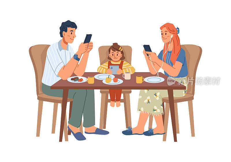 家庭智能手机成瘾，孤立的孩子和父母玩手机，看新闻聊天。虚拟现实的。矢量平面卡通风格