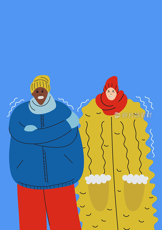 在冬天被冻住的情侣。男人和女人的性格在寒冷中穿着温暖的衣服