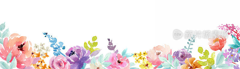 水彩横边与波西米亚风格的鲜艳玫瑰花。水彩画的花卉边框