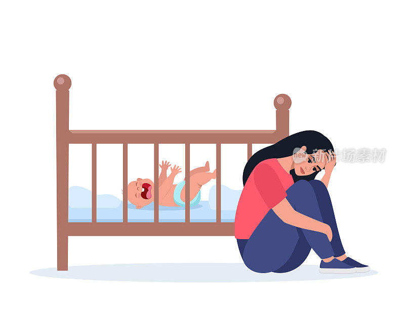 产后抑郁的女人，精疲力尽，压力很大。新生儿婴儿床旁不开心的妈妈。一个小孩歇斯底里地哭着，拉着把手。矢量插图。
