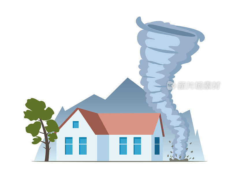 龙卷风正在靠近房子。龙卷风与螺旋扭曲破坏住宅小区的建筑，自然灾害概念矢量插图。