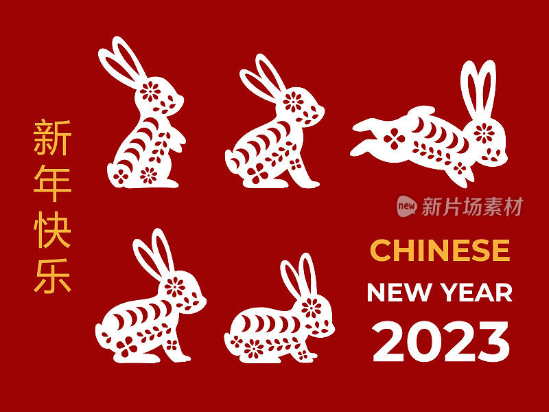 2023年兔年。2023年中国新年。中国农历年快乐。矢量插图。兔子象征
