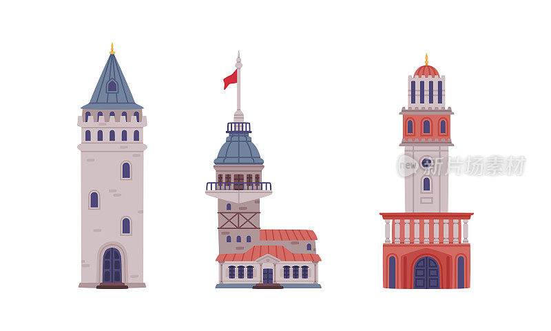 加拉塔和少女塔作为土耳其建筑和景点的地方矢量集