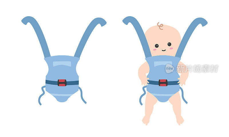 蓝色婴儿吊带剪纸。简单可爱的小婴儿在吊带平面矢量插图。婴儿穿着，婴儿在包裹载体卡通风格。儿童，婴儿淋浴，新生儿和育儿室装饰概念