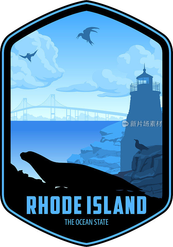 罗德岛矢量标签与港口海豹和海鸥附近的灯塔