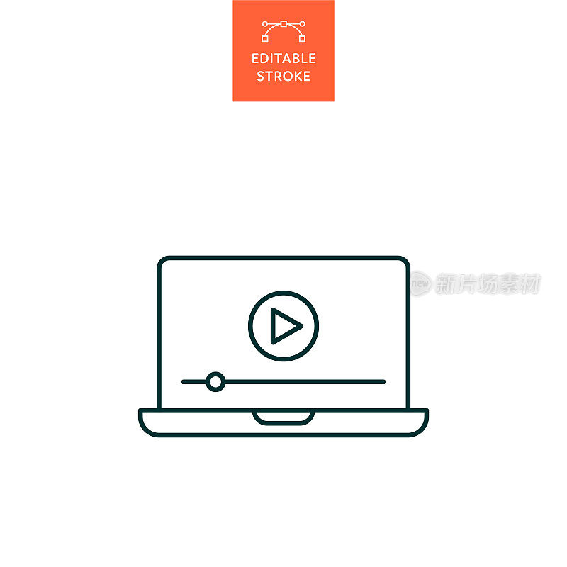 视频笔记本电脑屏幕线图标与可编辑的笔画。Icon适用于网页设计、移动应用、UI、UX和GUI设计。