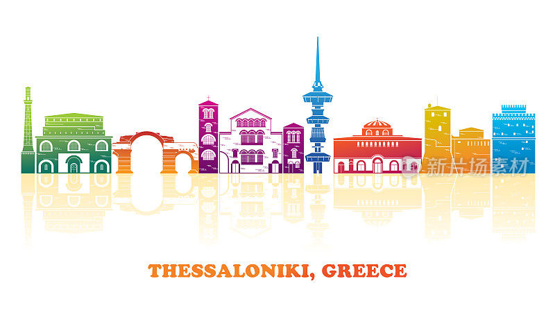 希腊塞萨洛尼基市色彩丰富的天际线全景
