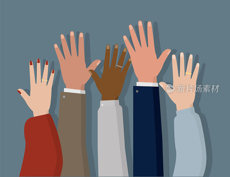 插图显示举起的手的男人和女人。投票，自由和多元化的概念。蓝色背景