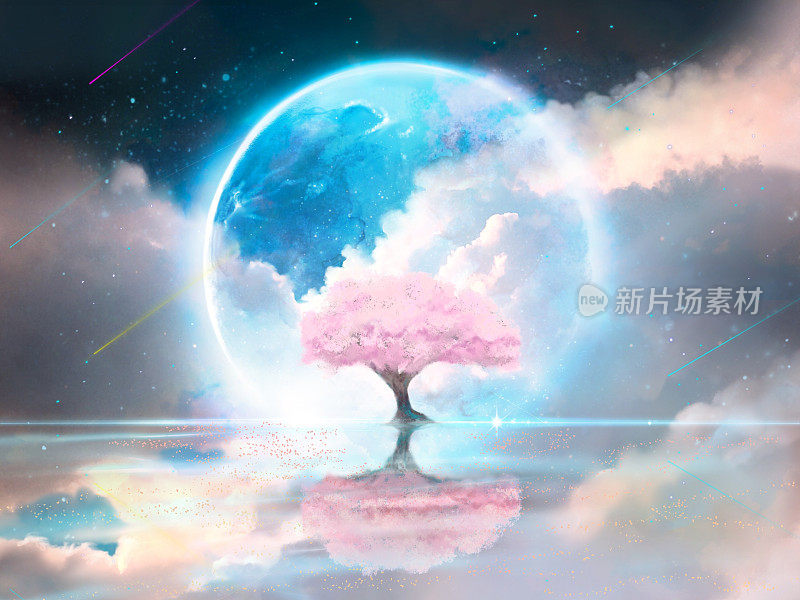蓝色的满月和樱花在水面和美丽的云海上盛开的梦幻背景风景插图。