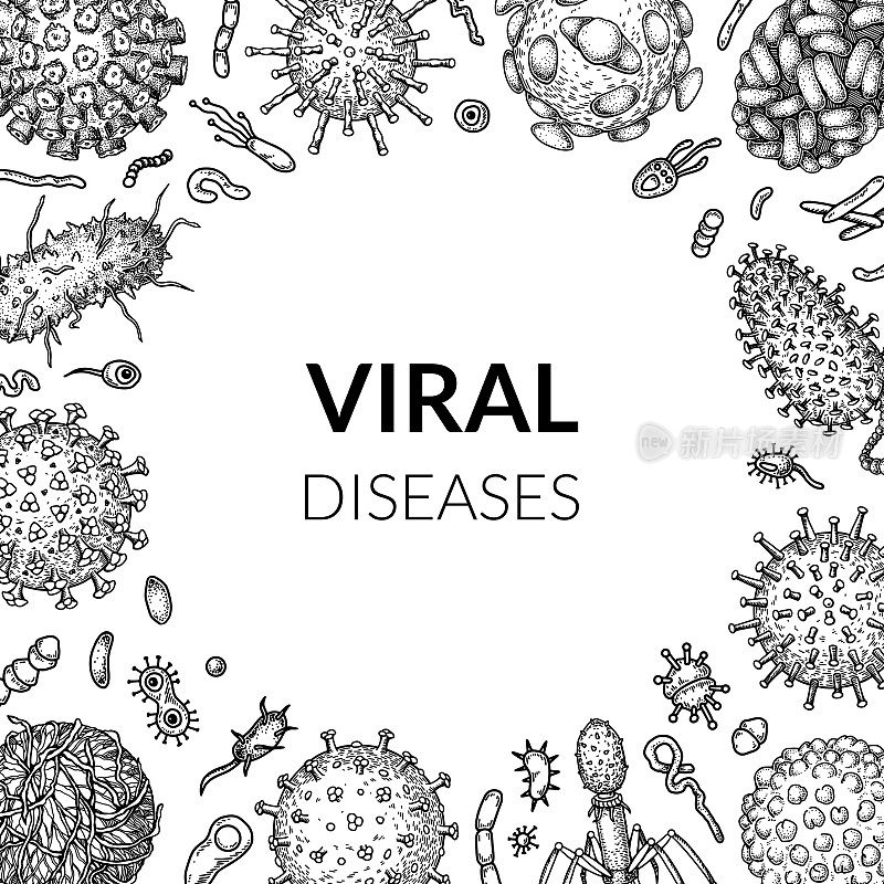 草图样式的病毒方块背景。手绘细菌，细菌，微生物。微生物科学设计。矢量插图素描风格