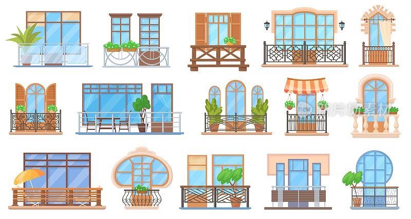 房屋正面阳台。卡通阳台与窗户公寓楼，旧木栏杆复古欧洲建筑或当代外部栏杆，整齐的矢量插图