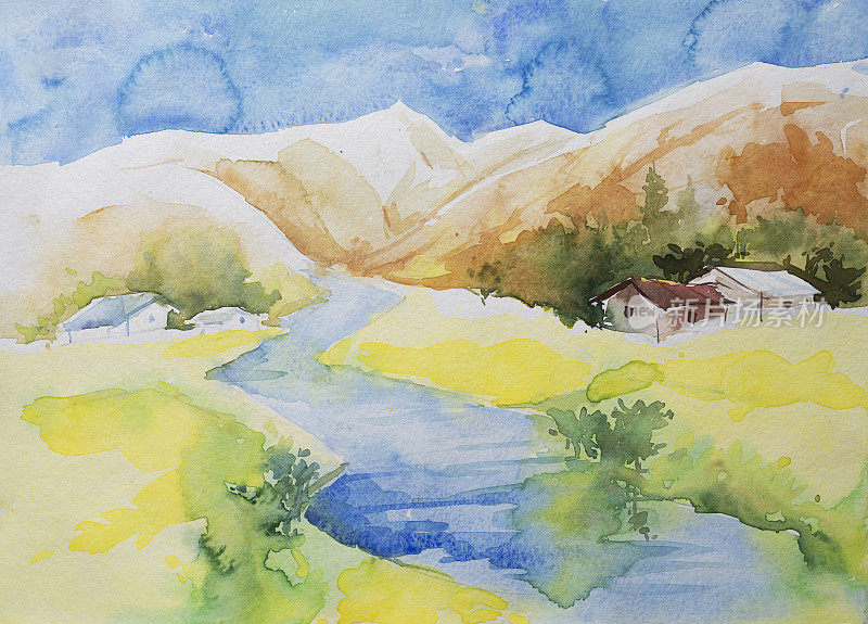 在黄色的风景中，在一片黄色的田野上，一幅漂亮的家庭水彩画。蓝色的河流以山脉为背景。手绘水彩插图。