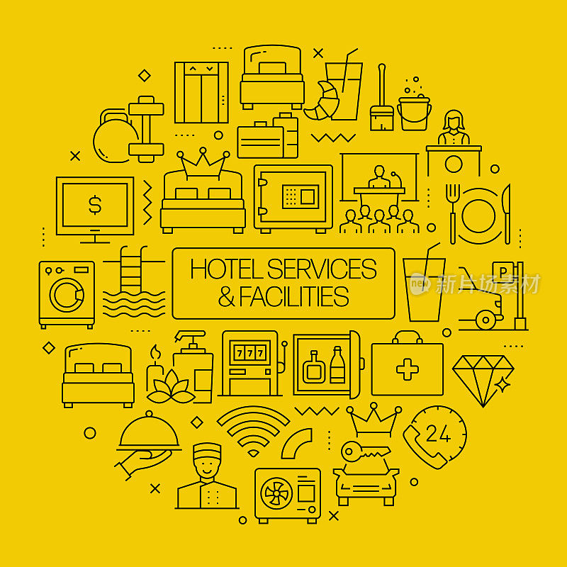 酒店服务和设施网络横幅与线性图标，新潮的线性风格矢量
