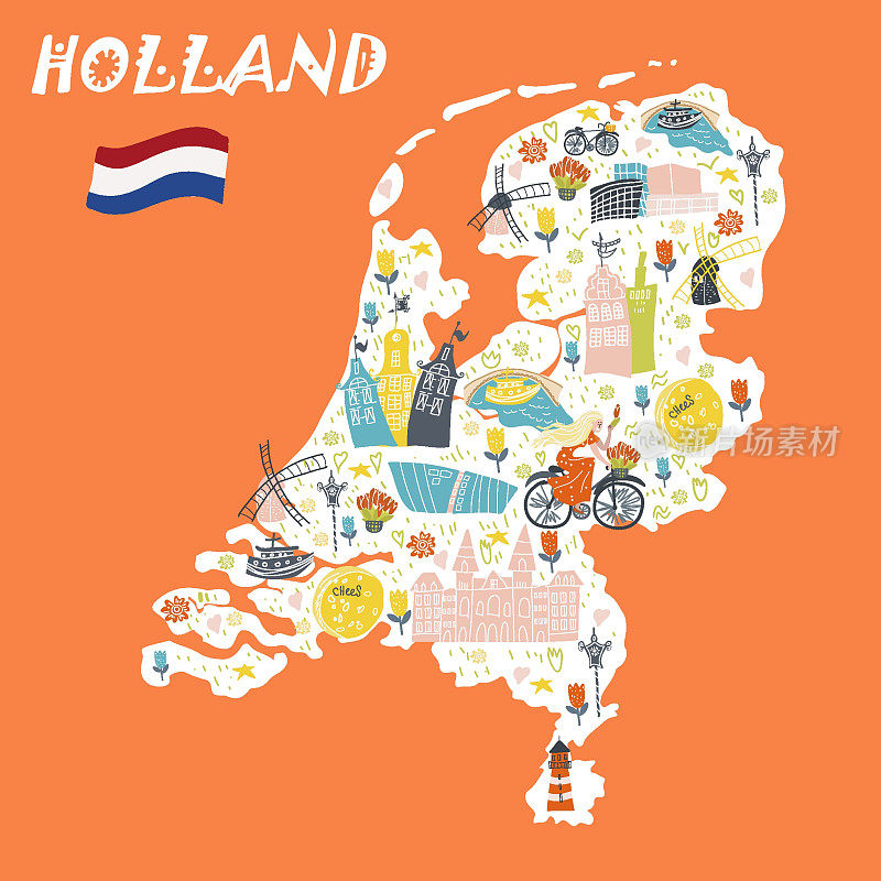 荷兰，荷兰，阿姆斯特丹地图，手绘矢量卡通，指南插图，海报，旅游小册子，时装设计。概念矢量插图与符号荷兰，荷兰，阿姆斯特丹，地标，旅游，旅游。