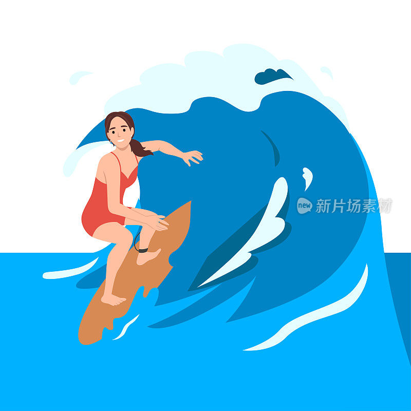 年轻的冲浪女孩在船上乘风破浪，夏季冲浪活动，体育娱乐，海上休闲爱好。兴奋微笑的女人在比基尼户外的乐趣和冒险