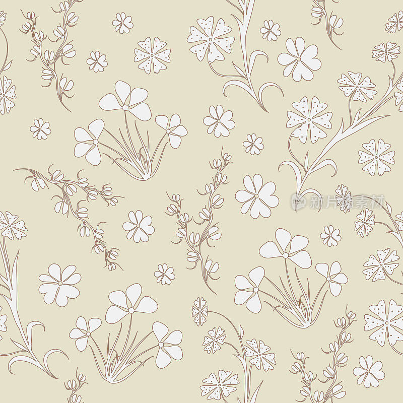 矢量无缝花卉图案，在浅米色背景上，小不同的花织物设计，壁纸，家纺，包装纸。单色模式