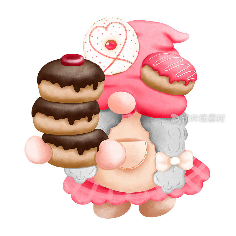 水彩侏儒和甜甜圈。水彩画可爱的侏儒女孩与巧克力和草莓甜甜圈插图孤立的白色。全国甜甜圈日，问候，邀请，咖啡厅装修。