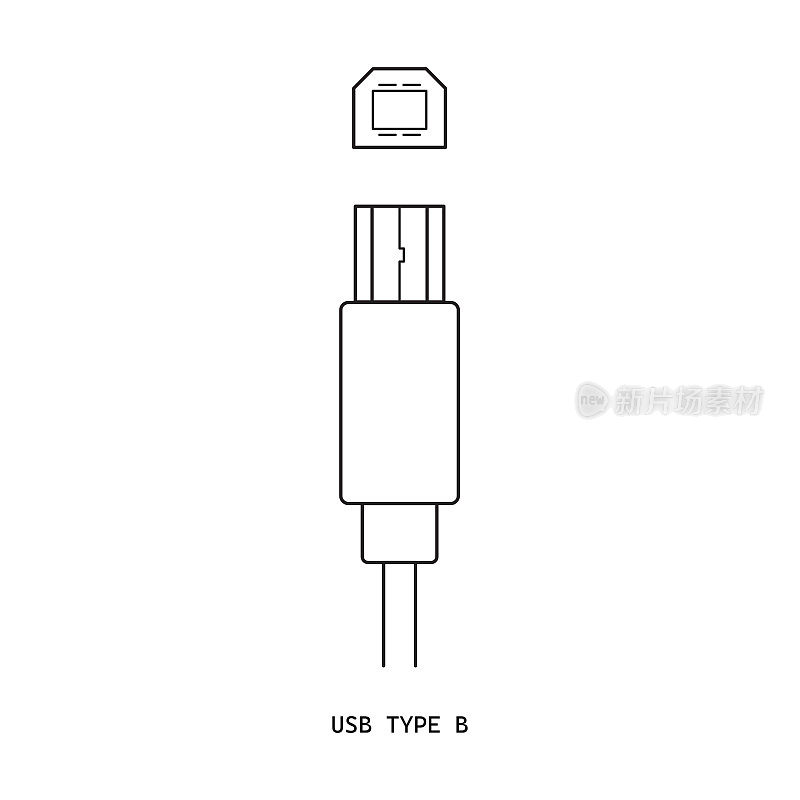 USB型B电缆连接器-矢量图标。画插图。白底隔离
