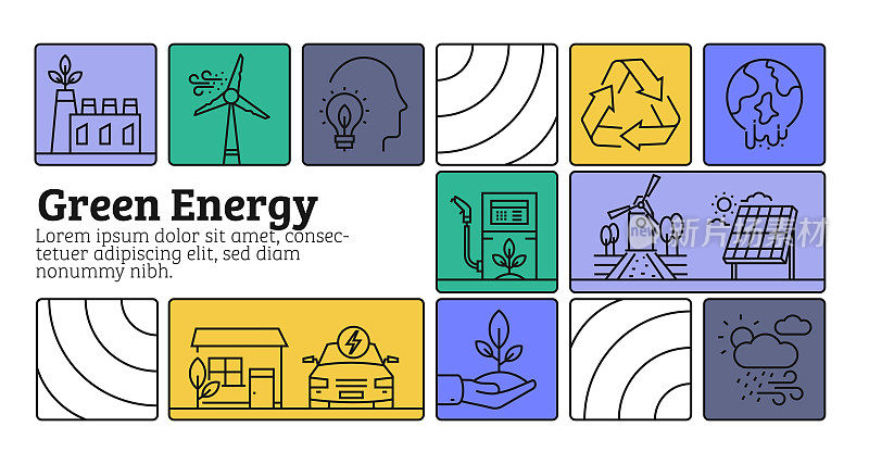 绿色能源线图标集和横幅设计。电动汽车，回收利用，太阳能，风能，零排放