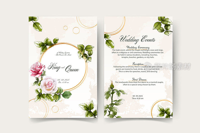 一套卡片与花玫瑰，树叶。婚礼饰品概念。花海报，邀请。矢量装饰贺卡或邀请设计背景