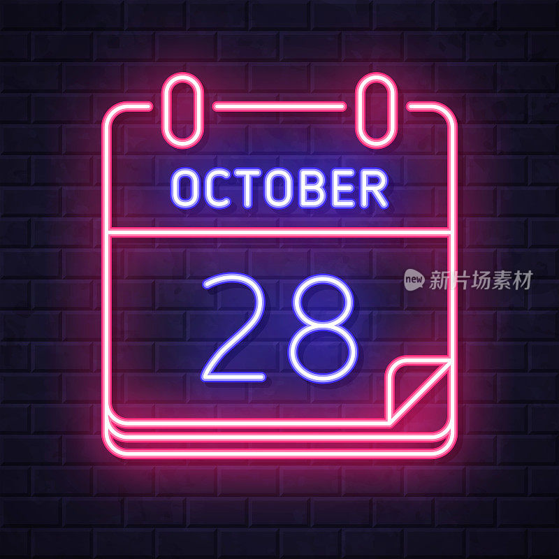 10月28日。在砖墙背景上发光的霓虹灯图标