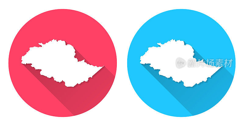 吉尔吉特-巴尔蒂斯坦地图。圆形图标与长阴影在红色或蓝色的背景