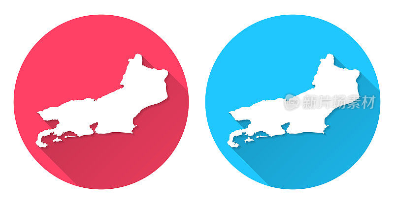 巴西里约热内卢地图。圆形图标与长阴影在红色或蓝色的背景