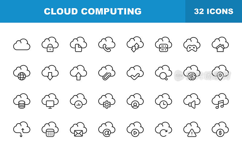 云计算线图标。可编辑的中风。包含计算机网络、网络服务器、流媒体、下载、上传、网络安全、网上银行、电子商务、存储、Web等图标。