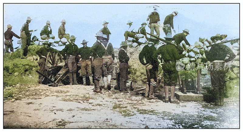 古色古香的黑白照片:美国士兵，菲律宾吕宋岛的卡洛坎