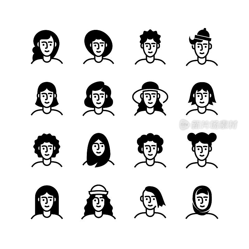 人和头像线图标集。性格，男性，女性，成人，男孩，人群，成熟男性，成熟女性，混合年龄范围，人群。
