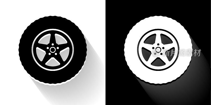 汽车轮胎黑色和白色与长影子的图标