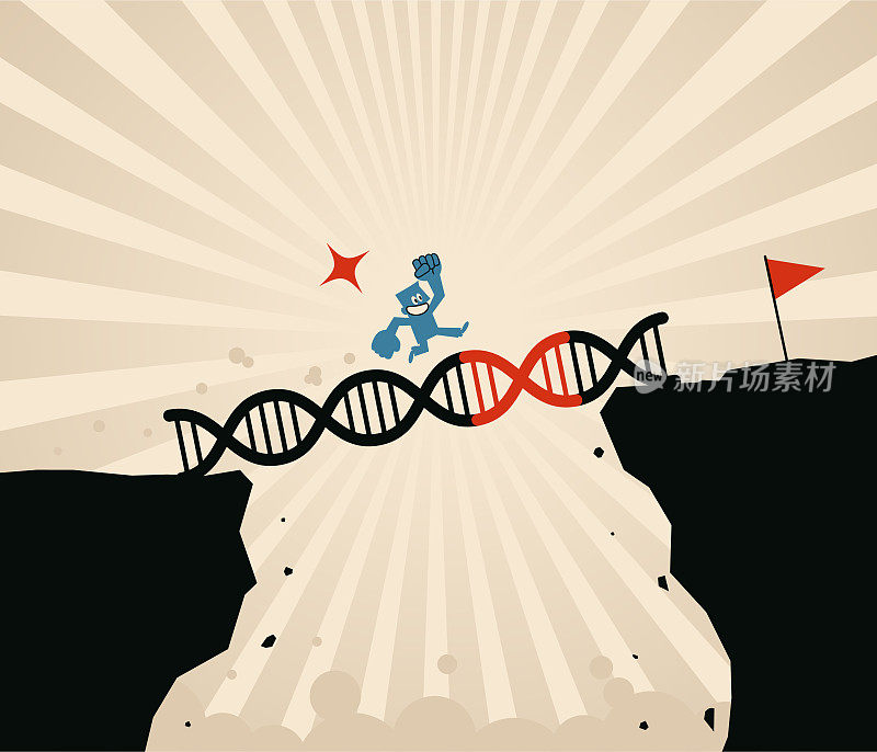 蓝人飞快地沿着巨大的基因工程大桥越过悬崖到达红旗。基因工程，转基因和基因操作概念