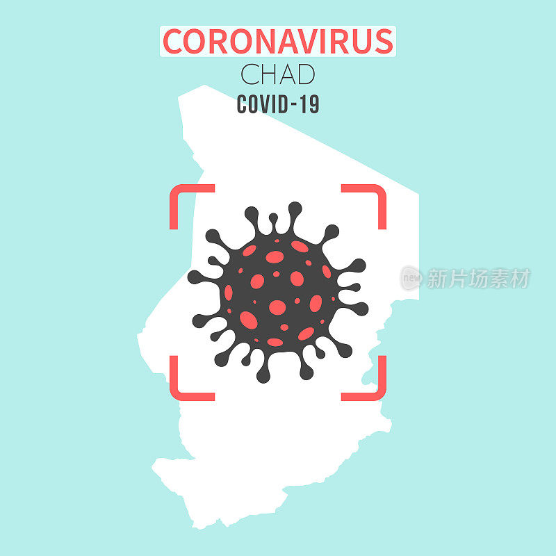 乍得地图，红色取景器显示冠状病毒(COVID-19)细胞