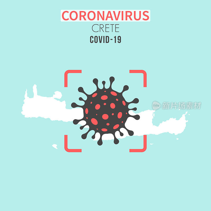 红色取景器上有冠状病毒(COVID-19)细胞的克里特岛地图