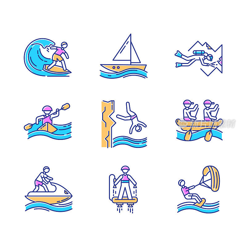 水上运动颜色图标集。洞穴潜水、冲浪、飞行滑板和航海。悬崖跳水、皮划艇和帆板运动。极限运动。夏天的海滩活动。孤立的矢量插图