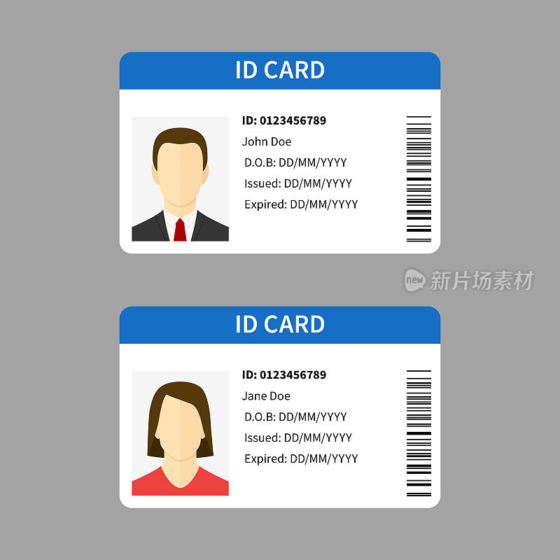 塑料身份证。个人登记表卡，汽车驾驶证带有男女照片，文档模板孤立矢量集