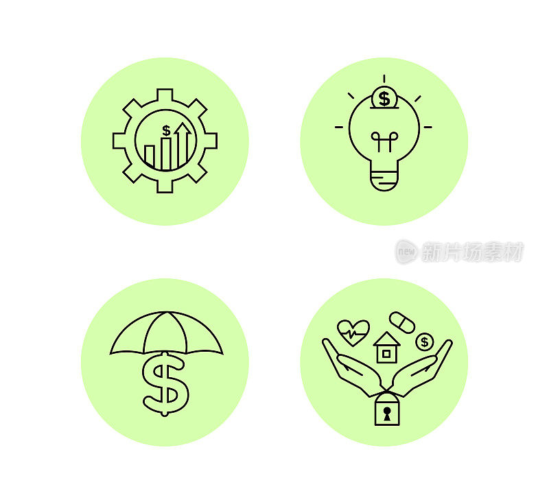 金融服务图标集。图标保险、风险投资、资产管理。图标灯泡与硬币，雨伞与笔与美元符号，手掌与锁，房子，心